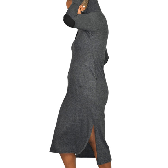 Noctex Henley Sweater Dress Grey Charcoal Wool Midi Hooded Pockets Side Slits XS - Picture 14 of 15
